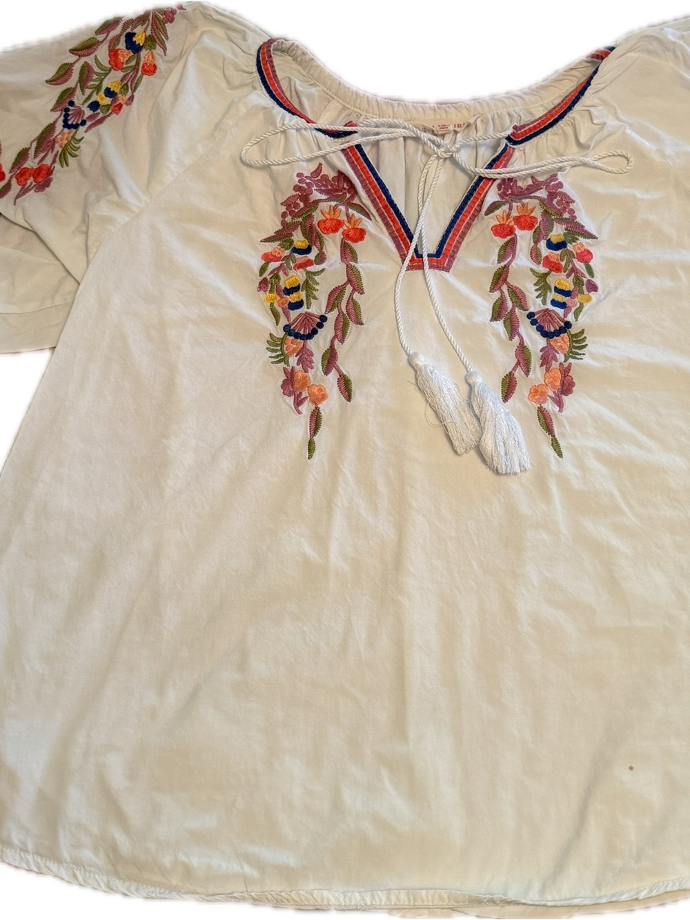 Solitaire White Drawstring Top with Red Logo Accent Embroidered Boho Medium